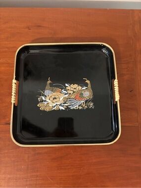 Peacock Floral Black Gold Serving Tray Vintage Chinoiserie Handles
